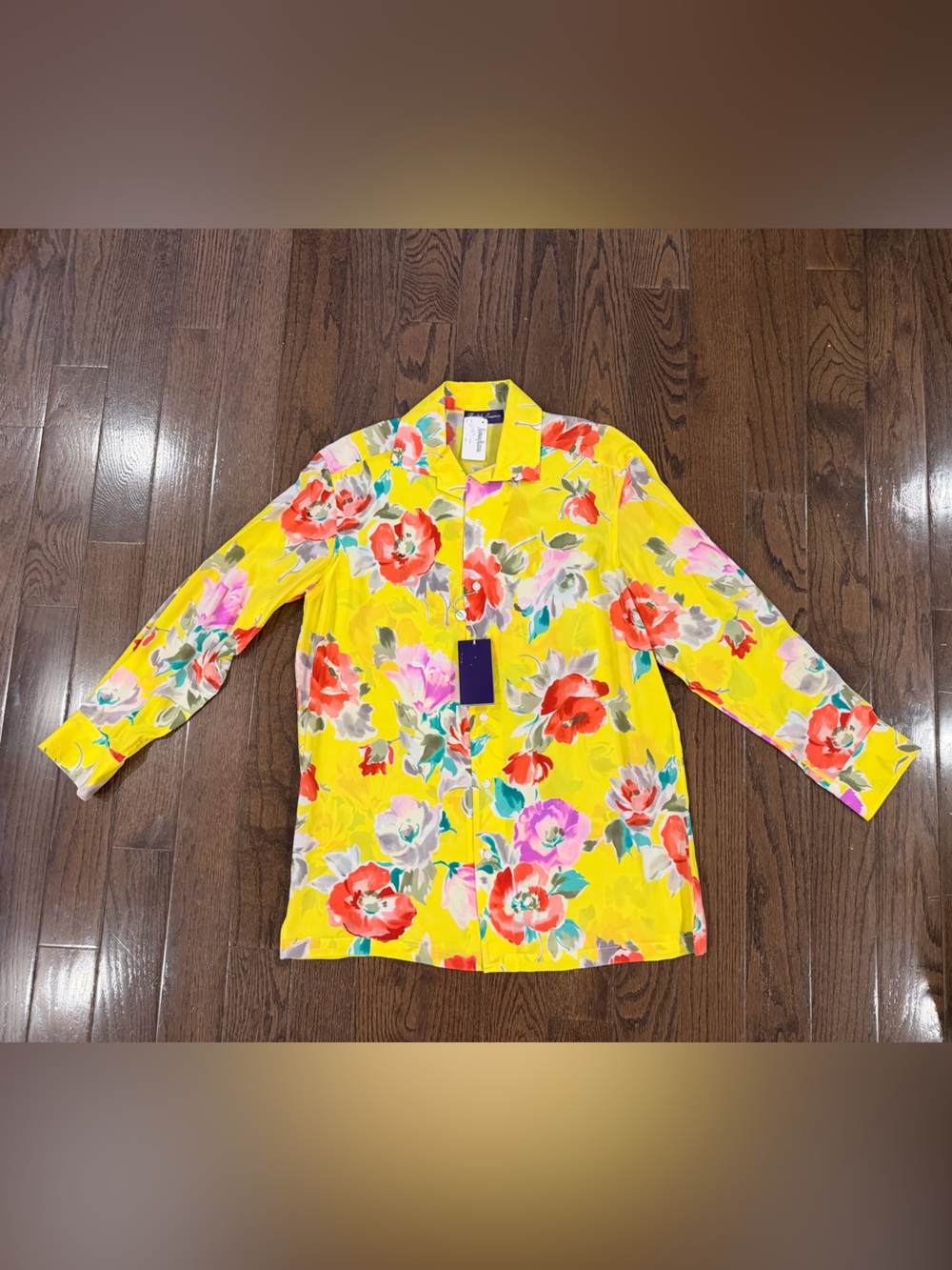 NWT Ralph Lauren Purple Label Silk Yellow Floral Shirt Men's M (altered Sleeve)